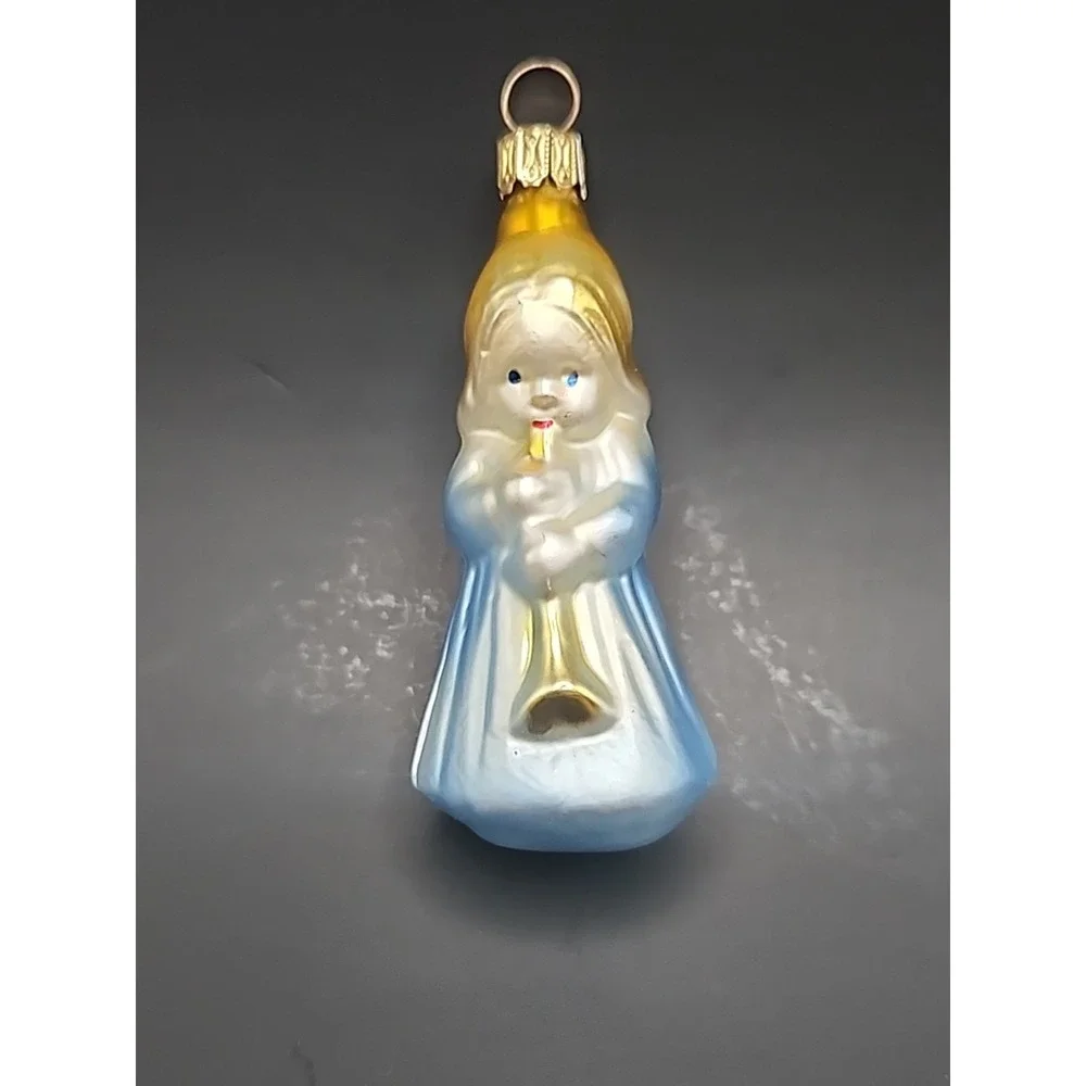 Vintage Blown Glass German Christmas Ornamemt Little Angel In Blue Silver & Gold